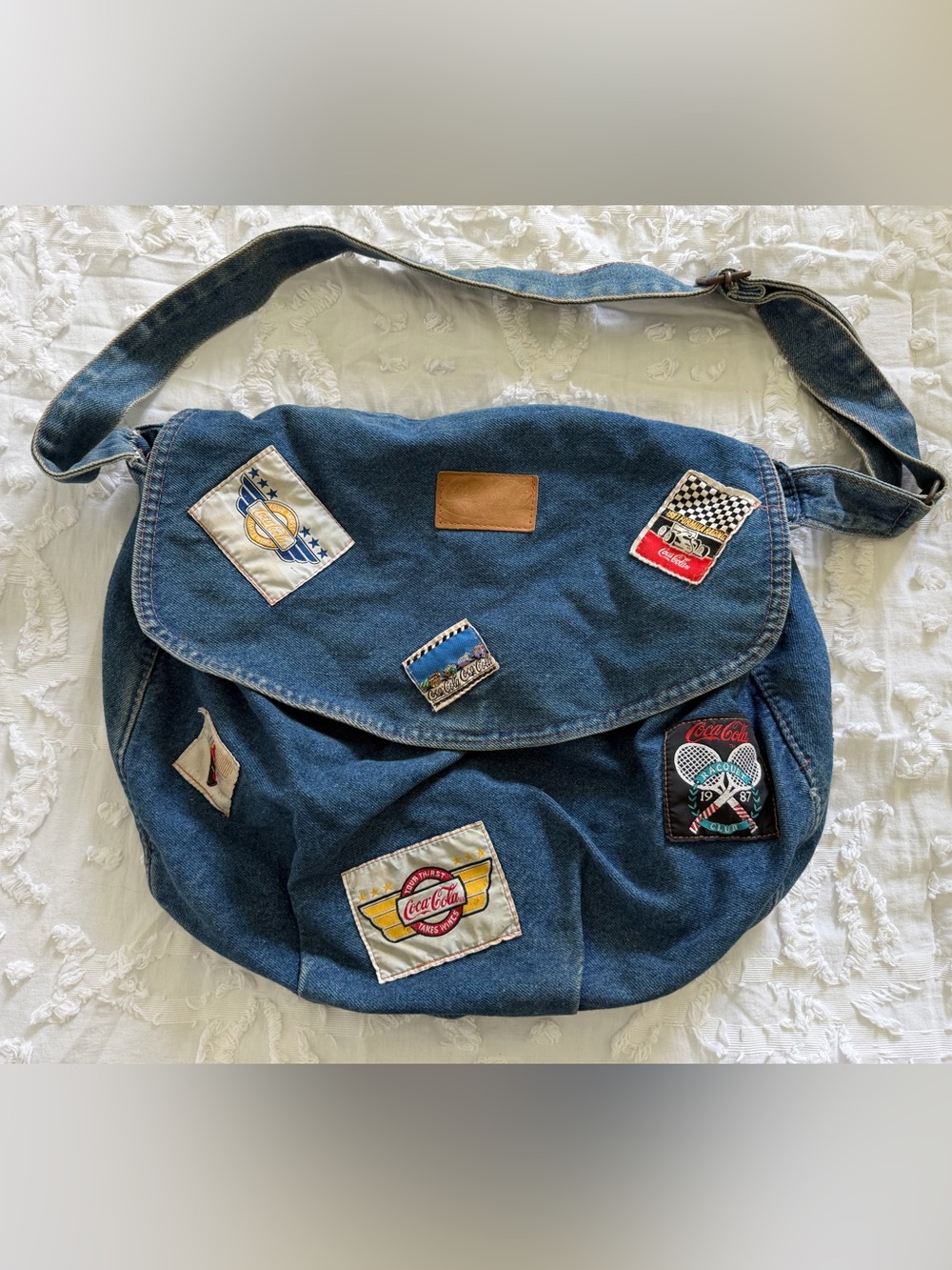 VINTAGE 1987 Coca-Cola Denim Patchwork Messenger Bag